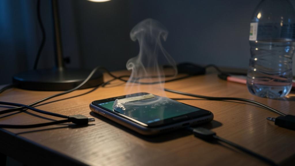 Un smartphone sobre un escritorio de madera emite humo mientras está conectado a un cable de carga.