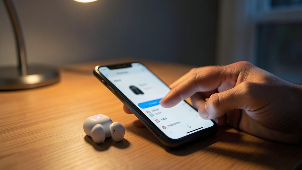 Une main utilise un smartphone pour interagir avec un écouteur sans fil posé sur un bureau en bois sous une lumière chaude.
