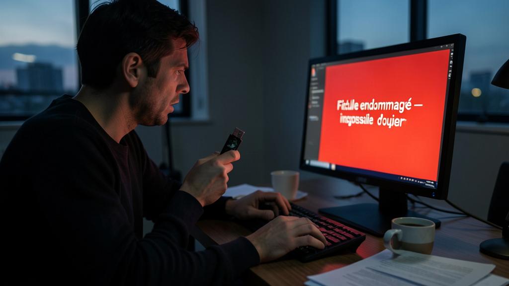 Un homme regarde un écran affichant un message d'erreur en français.