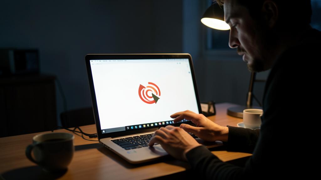 Un homme utilise un ordinateur portable dans une pièce sombre, l'écran affichant un logo rouge circulaire.