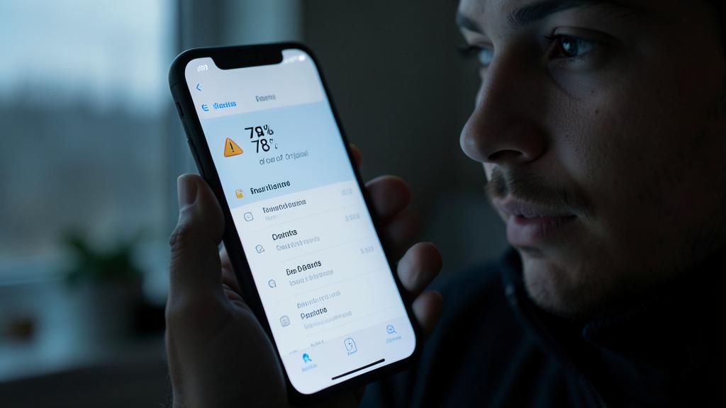 A man is looking at his smartphone displaying a battery health screen at 78% with a warning.