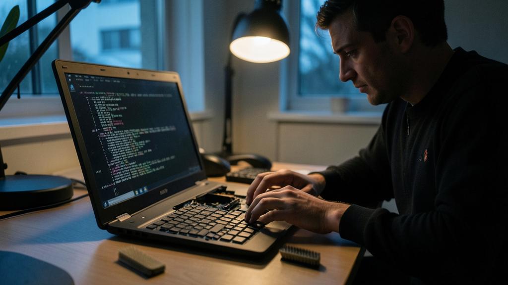 Un homme tape sur un ordinateur portable avec un clavier cassé, des touches manquantes et éparpillées sur le bureau.