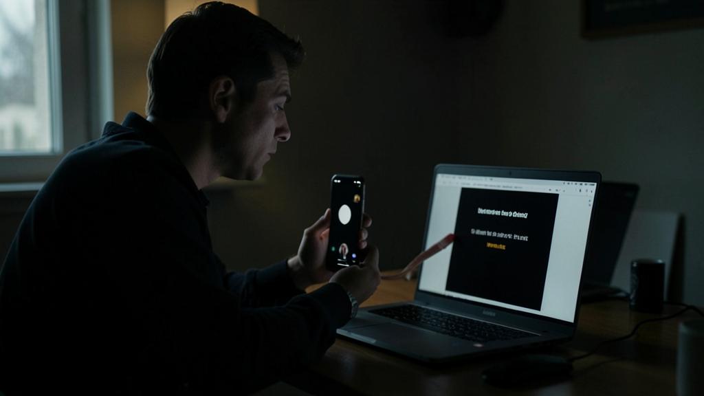 Un homme regarde son smartphone et un ordinateur affichant une page sur une webcam défectueuse.
