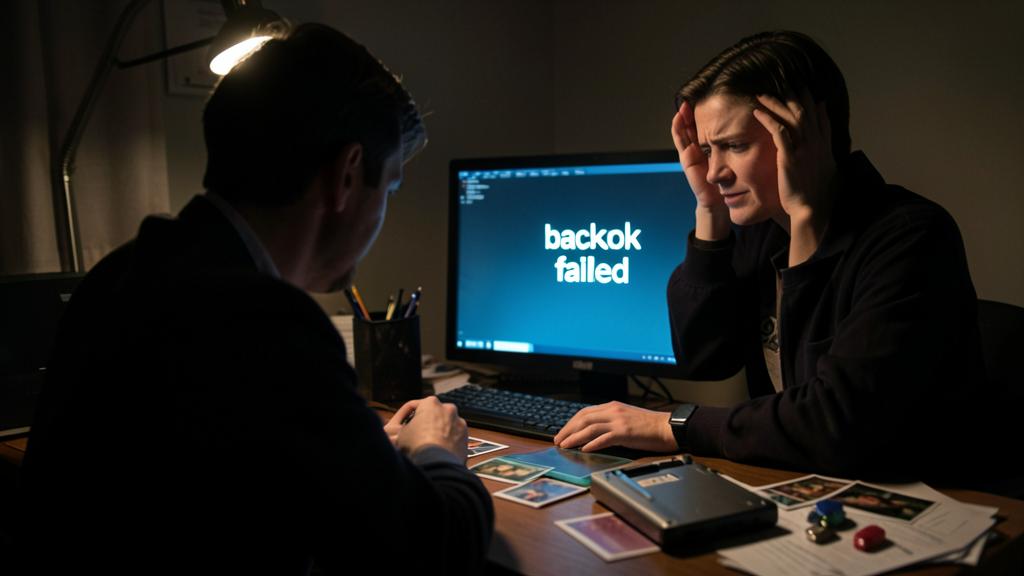 Eine Person wirkt gestresst vor einem Bildschirm mit der Meldung 'backok failed', während eine andere beobachtet.