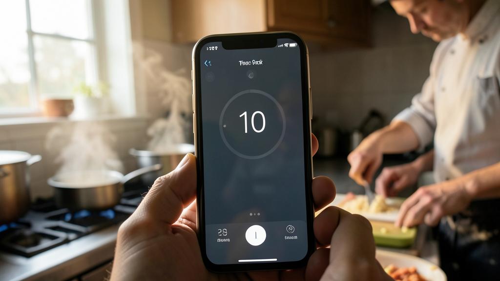 Una persona sostiene un smartphone con un temporizador, mientras otra cocina de fondo.