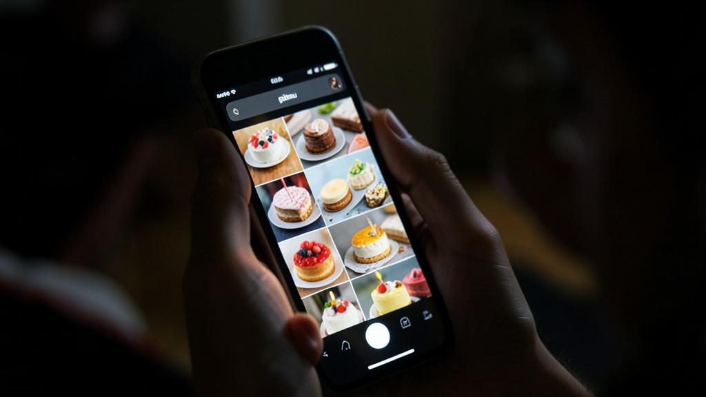 Eine Person hält ein Smartphone, das eine Fotogalerie verschiedener Kuchen anzeigt.