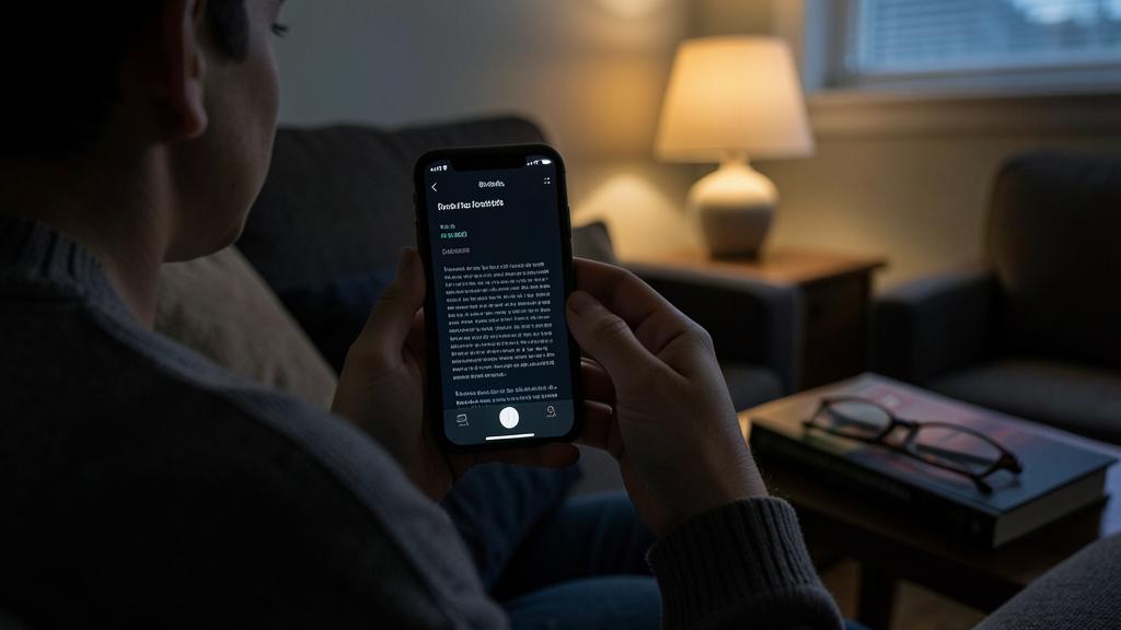 Eine Person liest ein Buch in der Books-App eines iPhones in einem schwach beleuchteten Raum.