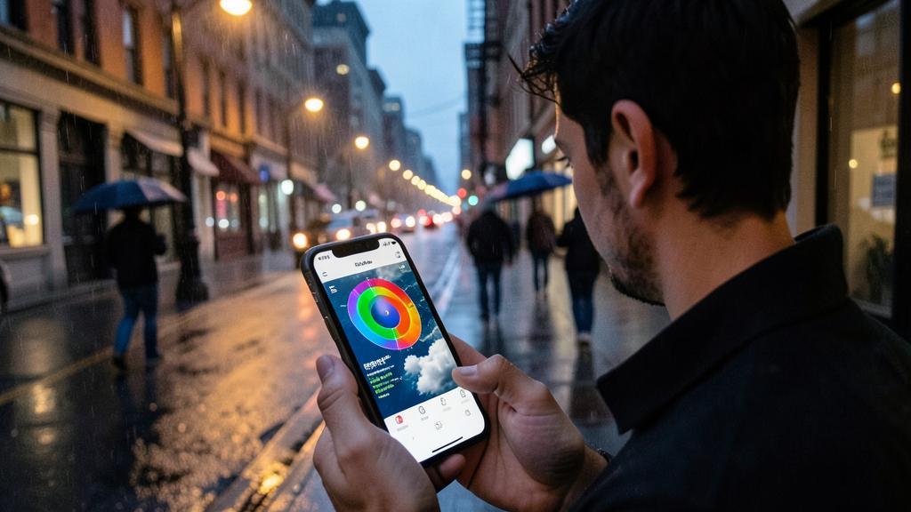 Un homme tient un smartphone affichant une application météo avec une carte radar colorée, debout dans une rue de ville sous la pluie au crépuscule.