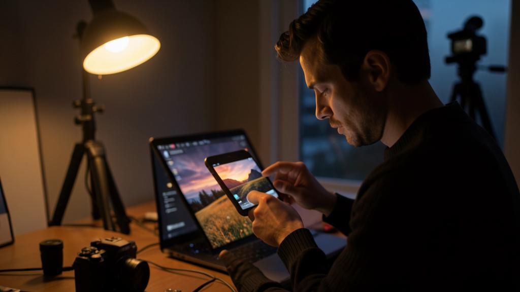 A man uses a smartphone to edit a photo, with a laptop and camera on the desk.