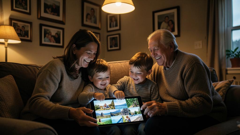 Une femme, deux jeunes garçons et un homme âgé regardent ensemble un album photo sur une tablette.