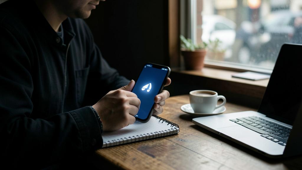 Eine Person nutzt ein Smartphone im Flugmodus, mit einem Laptop und einer Kaffeetasse auf einem Holztisch.