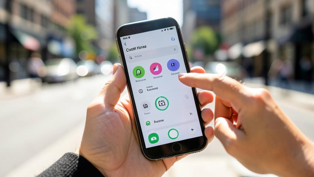 Unas manos sostienen un smartphone mostrando un centro de control personalizado con iconos de aplicaciones, sobre un fondo de calle urbana desenfocado.