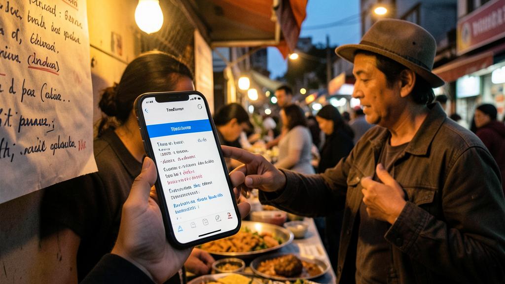 Une personne montre une traduction de l'application Traduire sur un smartphone à un homme.