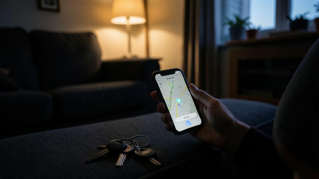 Une main tient un smartphone affichant une carte avec un emplacement marqué, des clés posées sur un canapé à côté.