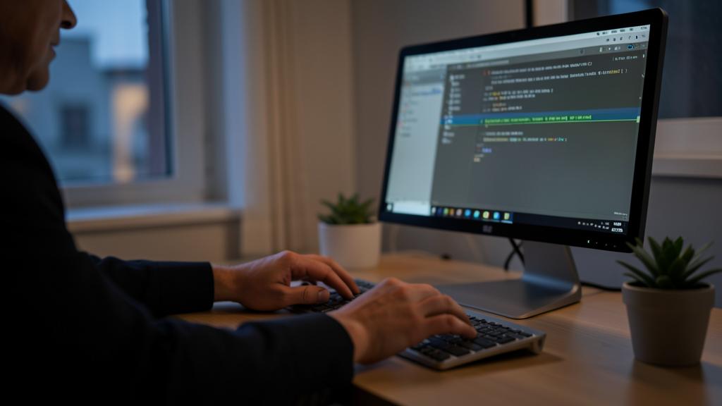 Eine Person tippt auf einer Tastatur vor einem Bildschirm mit Code.