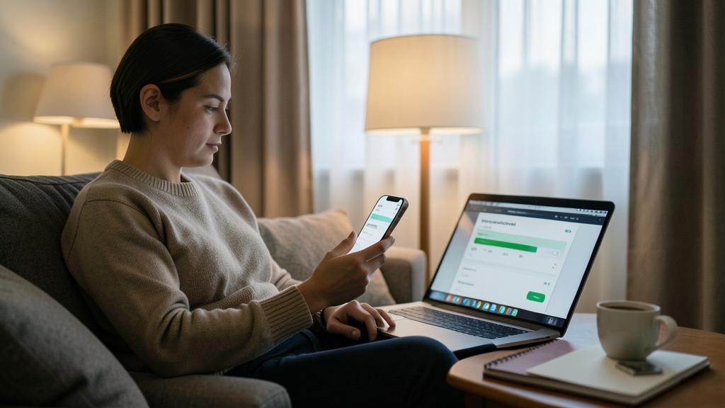 Une femme utilise un smartphone et un ordinateur portable sur un canapé, avec une tasse de café à côté.