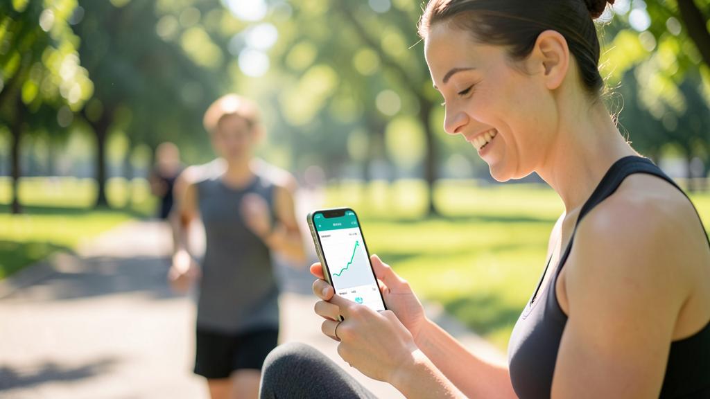 Eine Frau lächelt, während sie ihr Smartphone mit einer Fitness-Tracking-App in einem Park betrachtet.