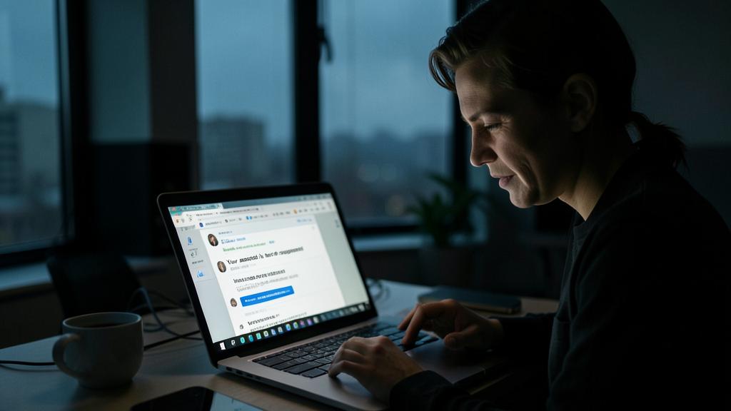 Eine Person nutzt einen Laptop in einem schwach beleuchteten Raum, auf dem Bildschirm eine verdächtige E-Mail.