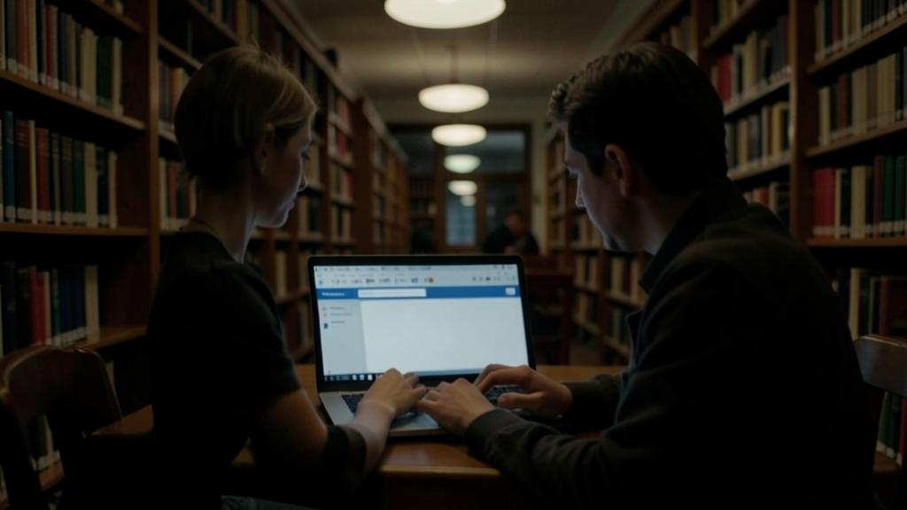 A man and a woman are using a laptop together in a library.
