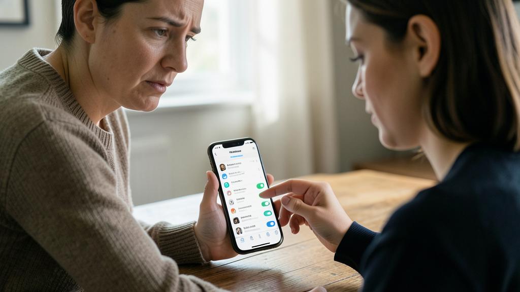 Dos mujeres miran un smartphone que muestra la configuración de permisos de una aplicación.