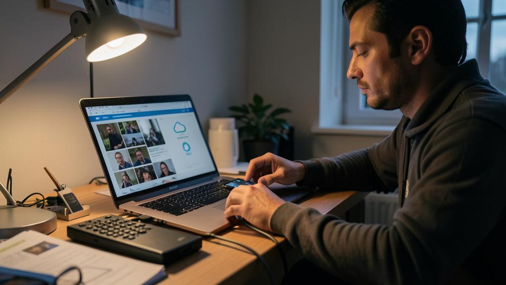 Un hombre usa una computadora portátil y un smartphone para gestionar fotos digitales.