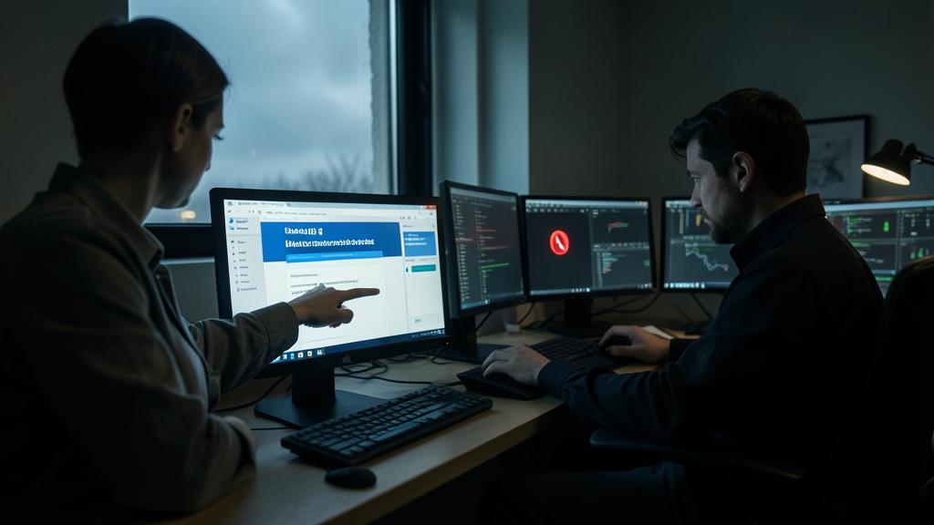 Zwei Personen analysieren ein technisches Problem auf einem Bildschirm.