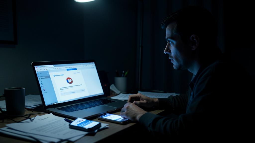 A man is sitting at a desk in a dark room, illuminated by a laptop screen.