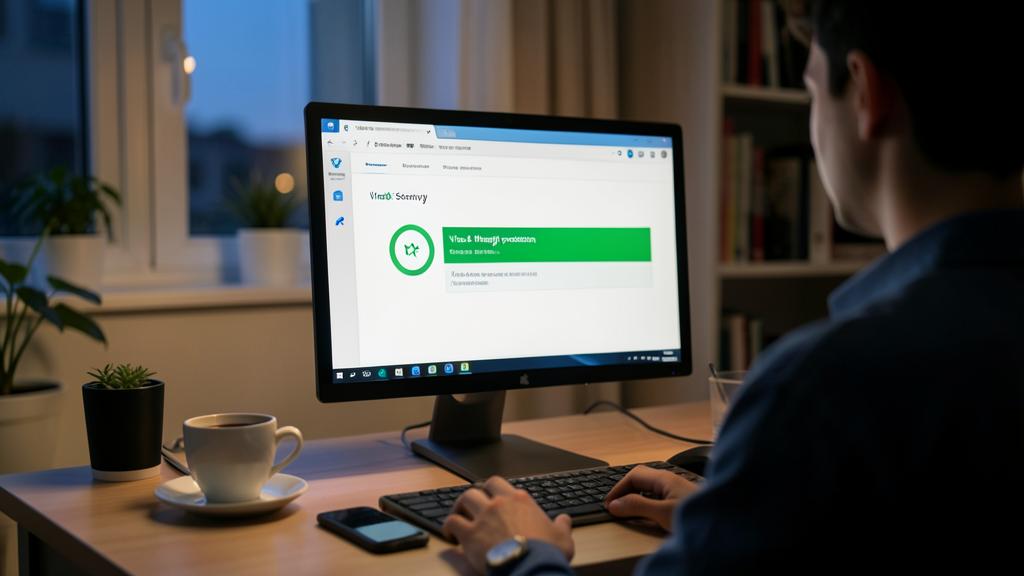 Une personne utilise un ordinateur affichant une interface d'antivirus avec un voyant vert.