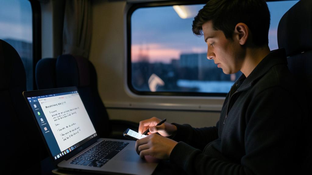A young man takes notes on a laptop and a smartphone with a stylus while on a train.