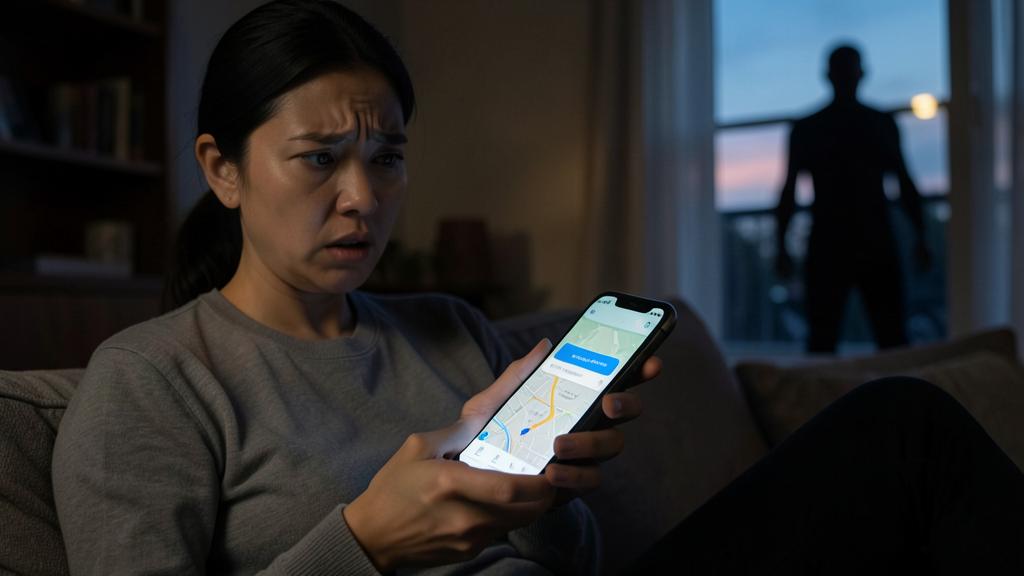 Une femme regarde son téléphone avec inquiétude, affichant une carte, tandis qu'une silhouette se tient derrière la fenêtre.