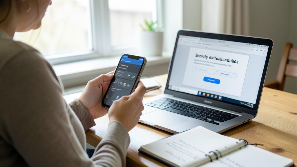 Une personne utilise un smartphone et un ordinateur portable affichant une page de paramètres de sécurité.