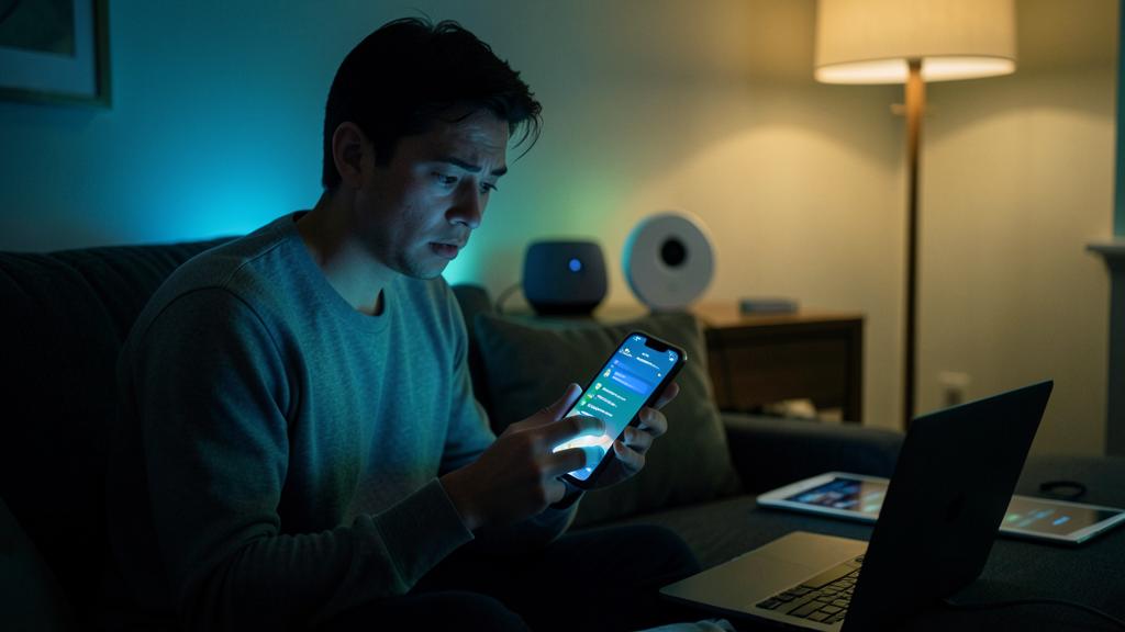 Un homme assis sur un canapé utilise un smartphone, inquiet, avec un ordinateur et une tablette à proximité.