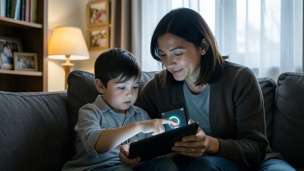 Eine Frau und ein Junge schauen zusammen auf ein Tablet auf einem Sofa.