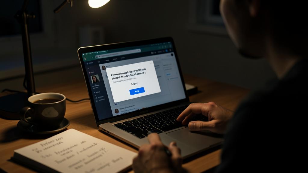 Une personne utilise un ordinateur portable de nuit, avec une fenêtre contextuelle affichant un message de consentement.