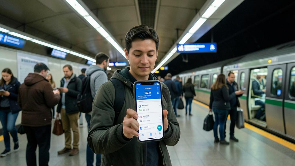 Ein junger Mann hält ein Smartphone mit einer chinesischen Verkehrs-App, während ein Zug im Hintergrund einfährt.