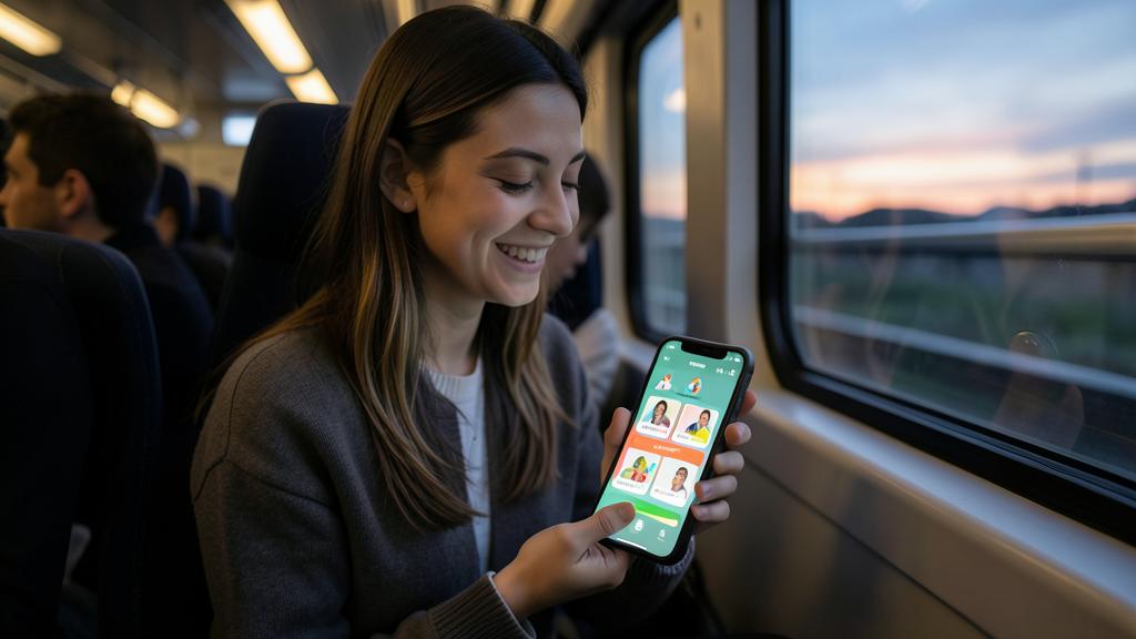 Eine junge Frau lächelt, während sie eine Sprachlern-App im Zug nutzt.