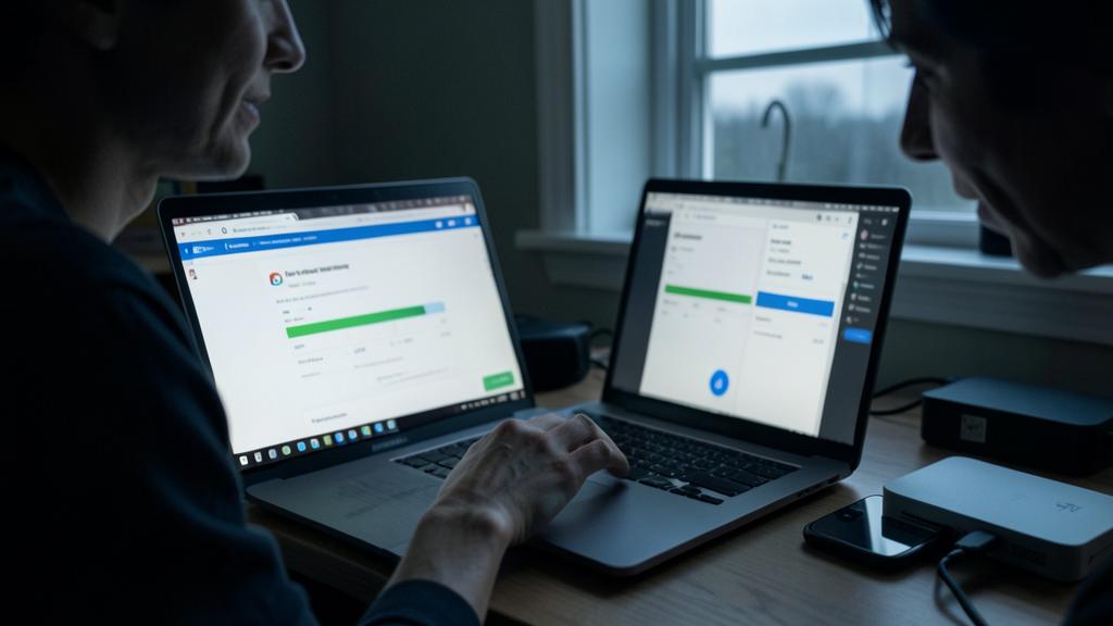 Two people are using laptops, one displaying Google Drive and the other a file management app.
