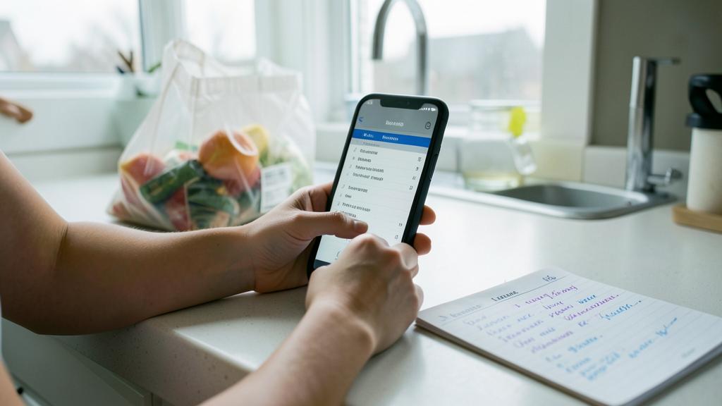 Une personne utilise un smartphone pour consulter une liste à côté d'une note manuscrite.