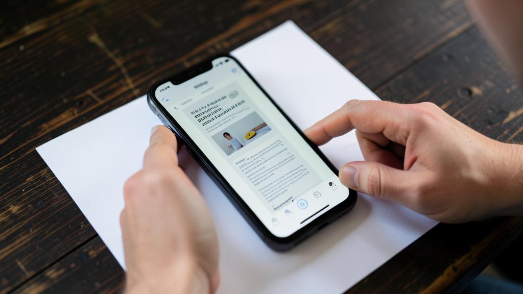 Una persona usa un smartphone para escanear un documento sobre una mesa de madera.