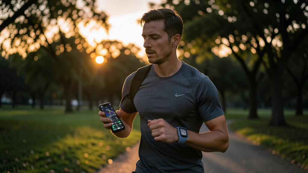 Un homme court dans un parc au coucher du soleil en consultant son smartphone et sa montre connectée.