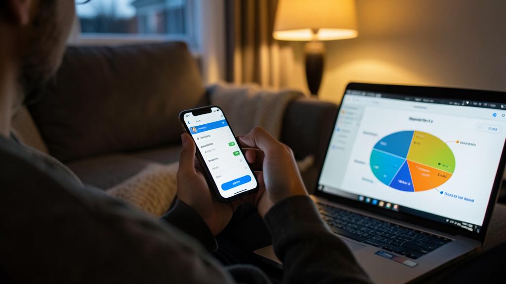 Une personne utilise une application de budget sur un smartphone, avec un ordinateur affichant un graphique financier en arrière-plan.
