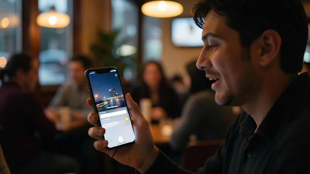 Un homme utilise une application de reconnaissance musicale sur son smartphone devant un paysage urbain.