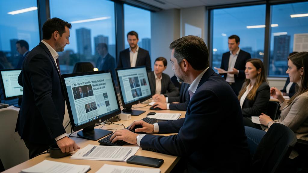 Un groupe de professionnels en salle de rédaction discute autour d'ordinateurs affichant des articles d'actualité.