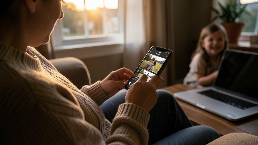 Une femme utilise son smartphone pour éditer une vidéo, une enfant sourit en arrière-plan.