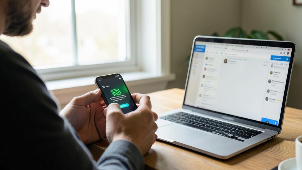 A man is using a smartphone with a messaging app open, with a laptop displaying a similar interface in the background.