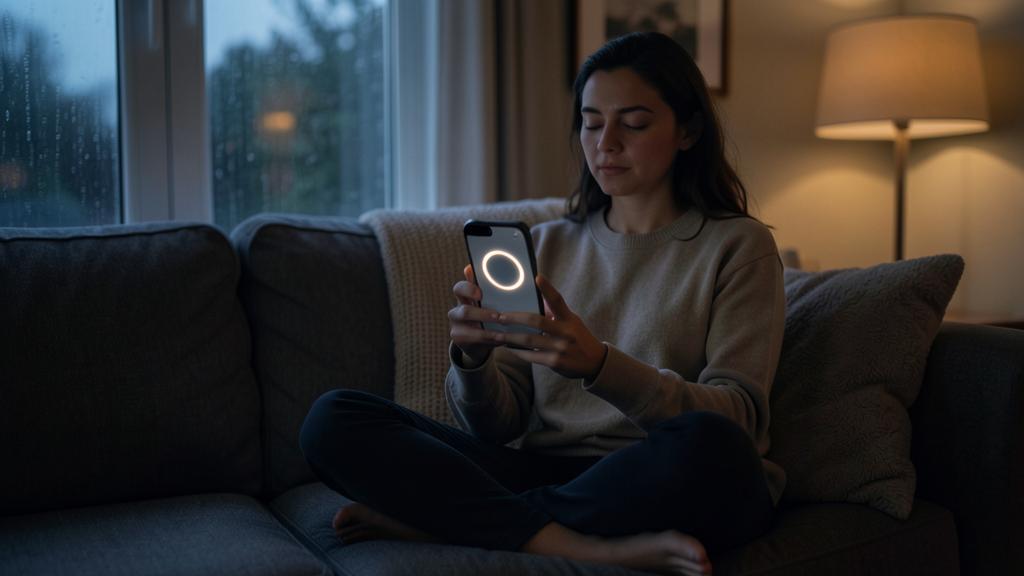 A woman uses a breathing app on her smartphone in a dimly lit living room.