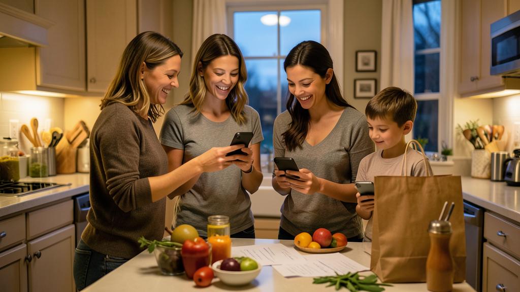 Three women and a young boy smile while looking at their smartphones in a kitchen, with a grocery bag and fresh produce on the counter.