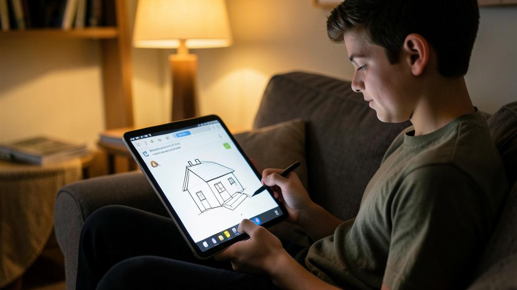 Un jeune garçon dessine une maison sur une tablette avec un stylet, assis sur un canapé.