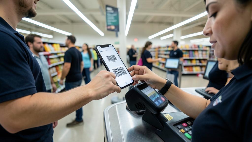 Un client scanne un code-barres avec son smartphone à la caisse d'un magasin.