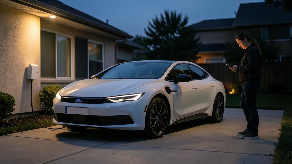 Eine Frau lädt ein weißes Elektroauto in einer Einfahrt am Abend auf.